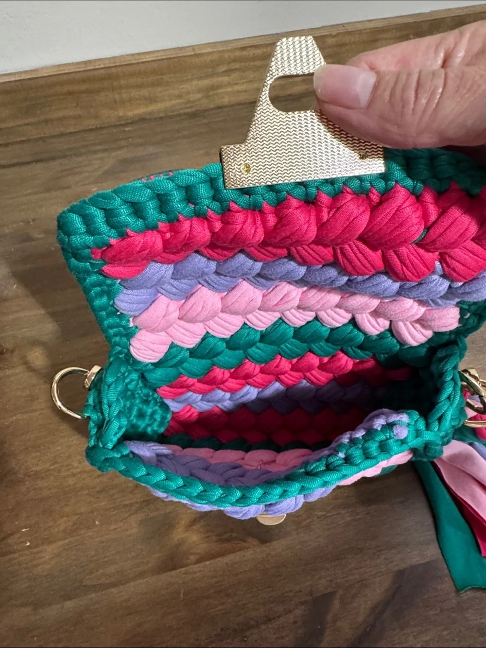 Colorful Woven Crochet Crossbody Bag Pink Teal Lavender Tassel